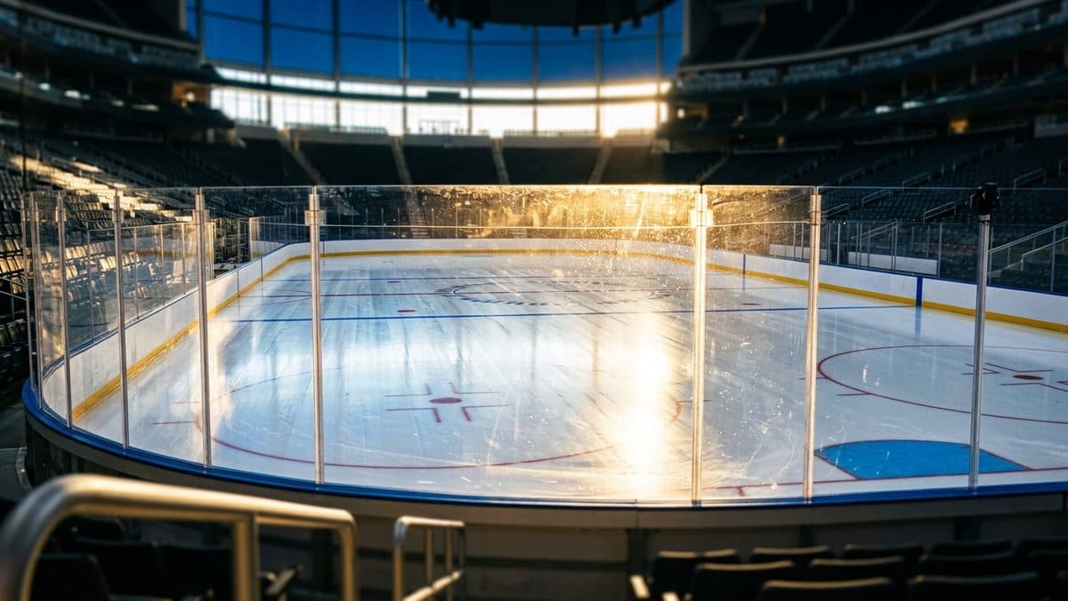 A hockey puck spraying ice across centre ice under bright arena lights