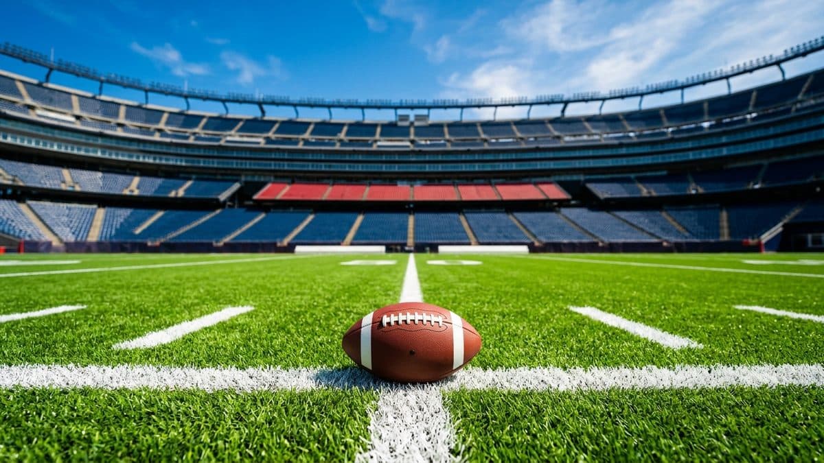 A football in flight over a bright green field under stadium lights