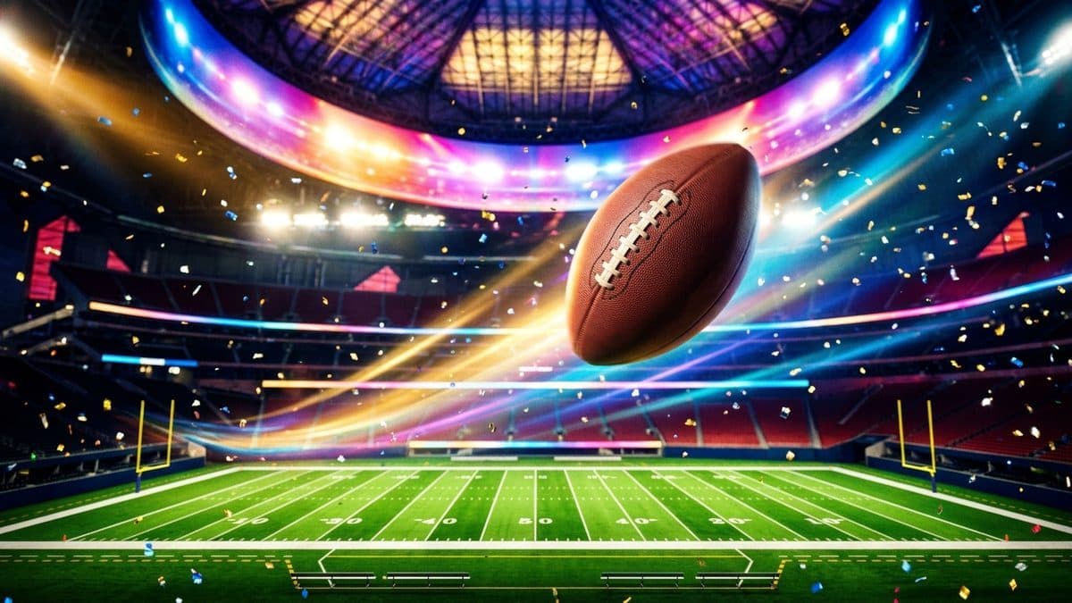 A football spiralling above a bright green field under a stadium roof lit in gold, blue and magenta
