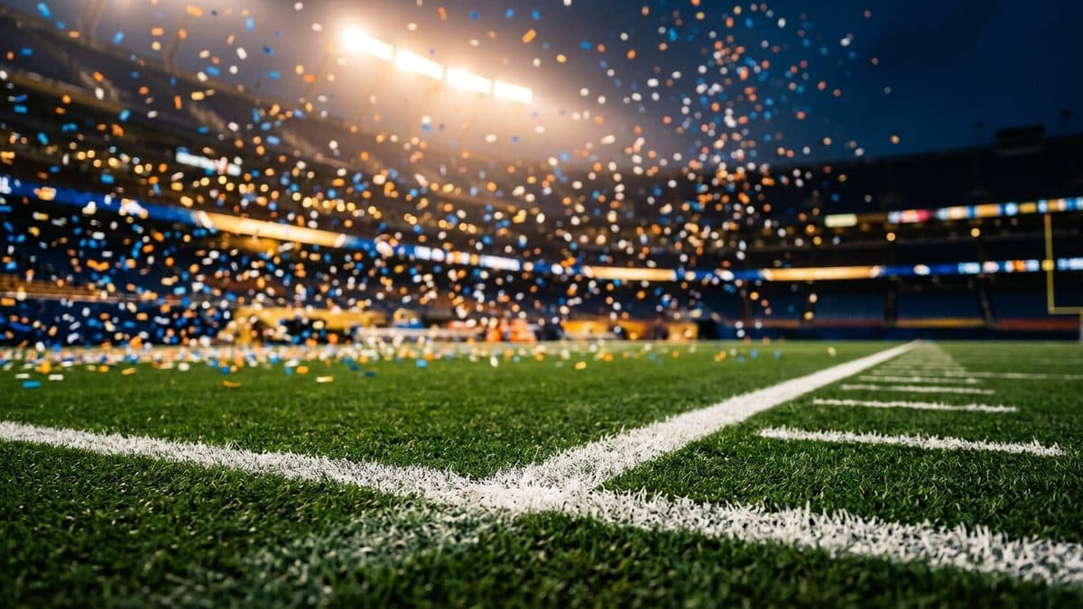 A football in flight over a bright green field under stadium lights