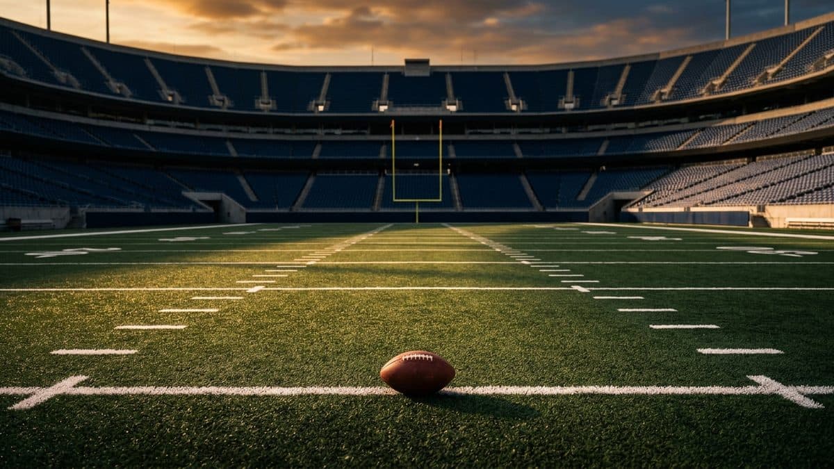 An empty football stadium under the lights before kickoff