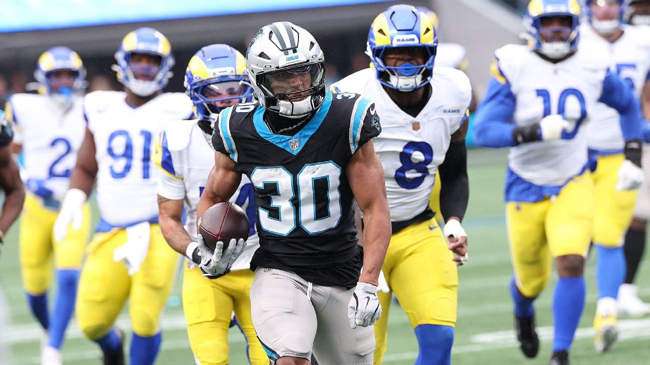 Panthers RB Chuba Hubbard leaves the defense behind on his way to a TD Sunday against the Rams.