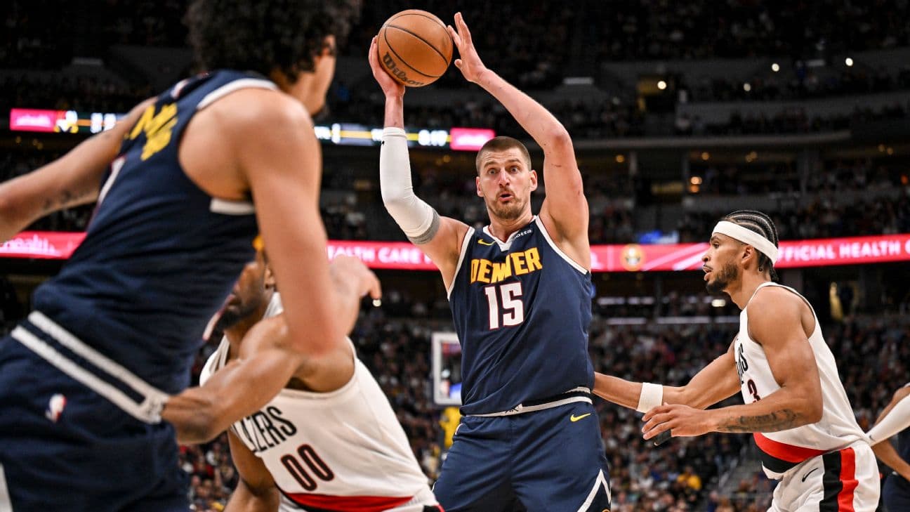 Nikola Jokic handles the ball vs. Portland Trail Blazers at Ball Arena in Denver, Colorado on April 6, 2026.
