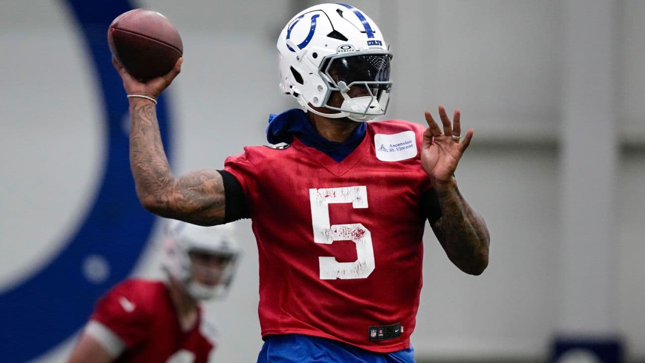With Colts QB Daniel Jones still working his way back from a torn Achilles, Anthony Richardson, above, began the full-team portion of practice Wednesday with the first-team offense.