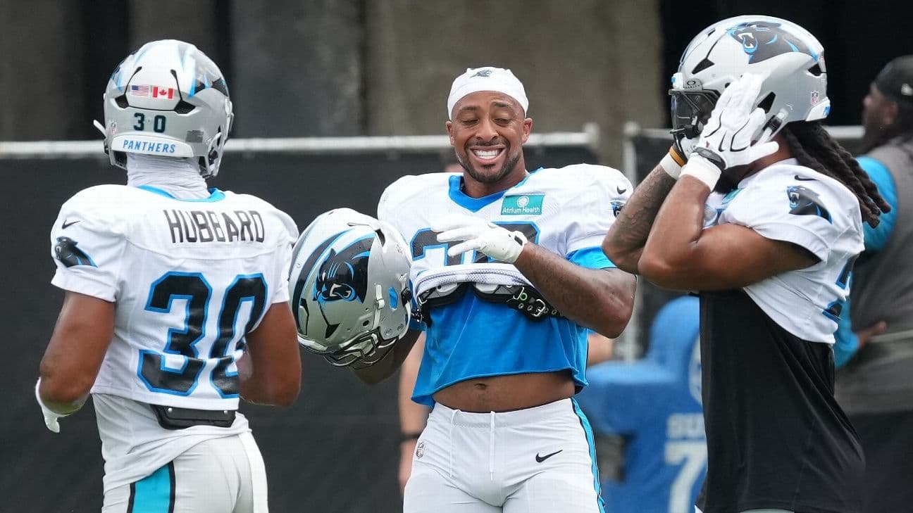 From left: Chuba Hubbard, AJ Dillon and Jonathon Brooks will form the Panthers' backfield in 2026.