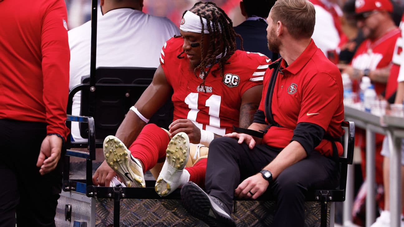 49ers wide receiver Demarcus Robinson was carted off the field after suffering an ankle injury Sunday.