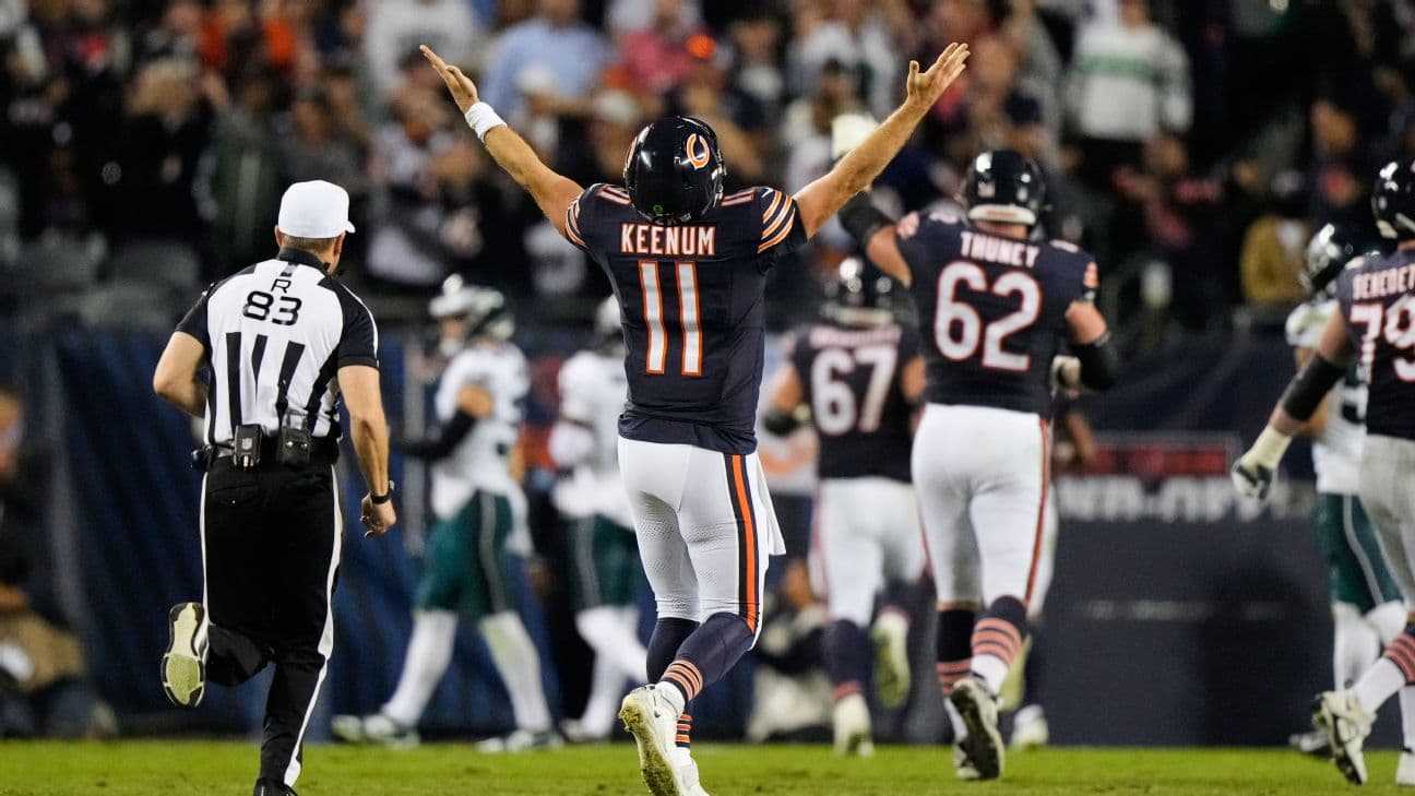 Case Keenum had plenty to celebrate Monday after subbing in for Caleb Williams and leading the Bears to an impressive win.