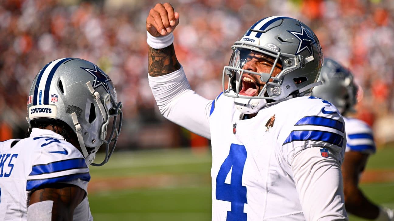 Dak Prescott and Brandin Cooks celebrate after connecting on their 21-yard touchdown against the Browns in Week 1 of the 2024 season.