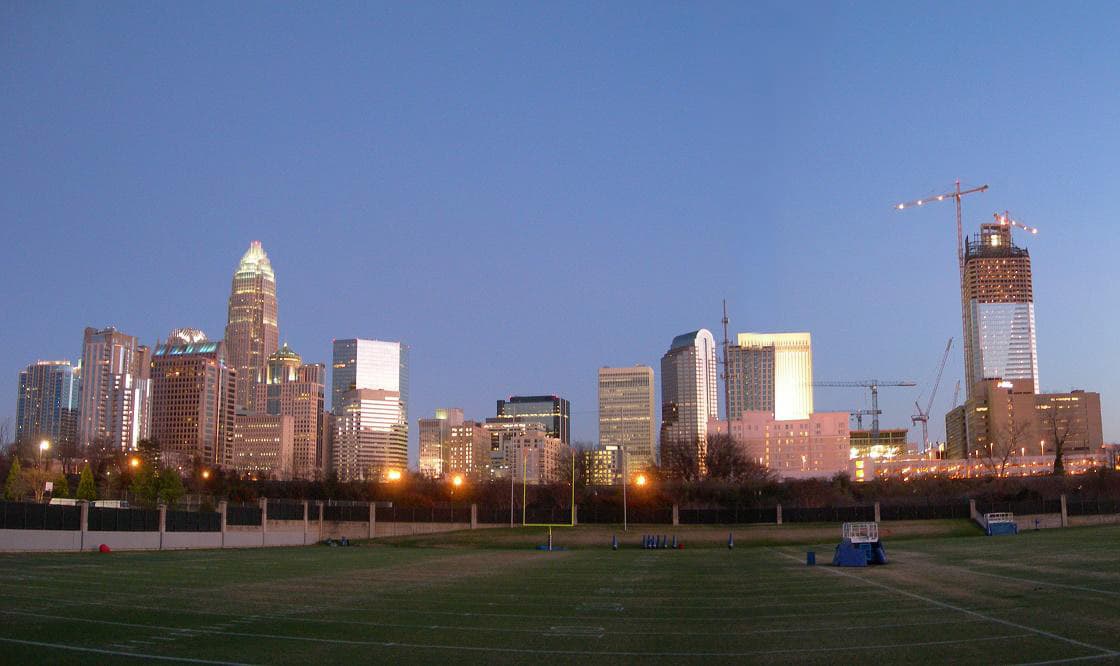 Skyline of Charlotte, North Carolina, seen from the Carolina Panthers' practice field.