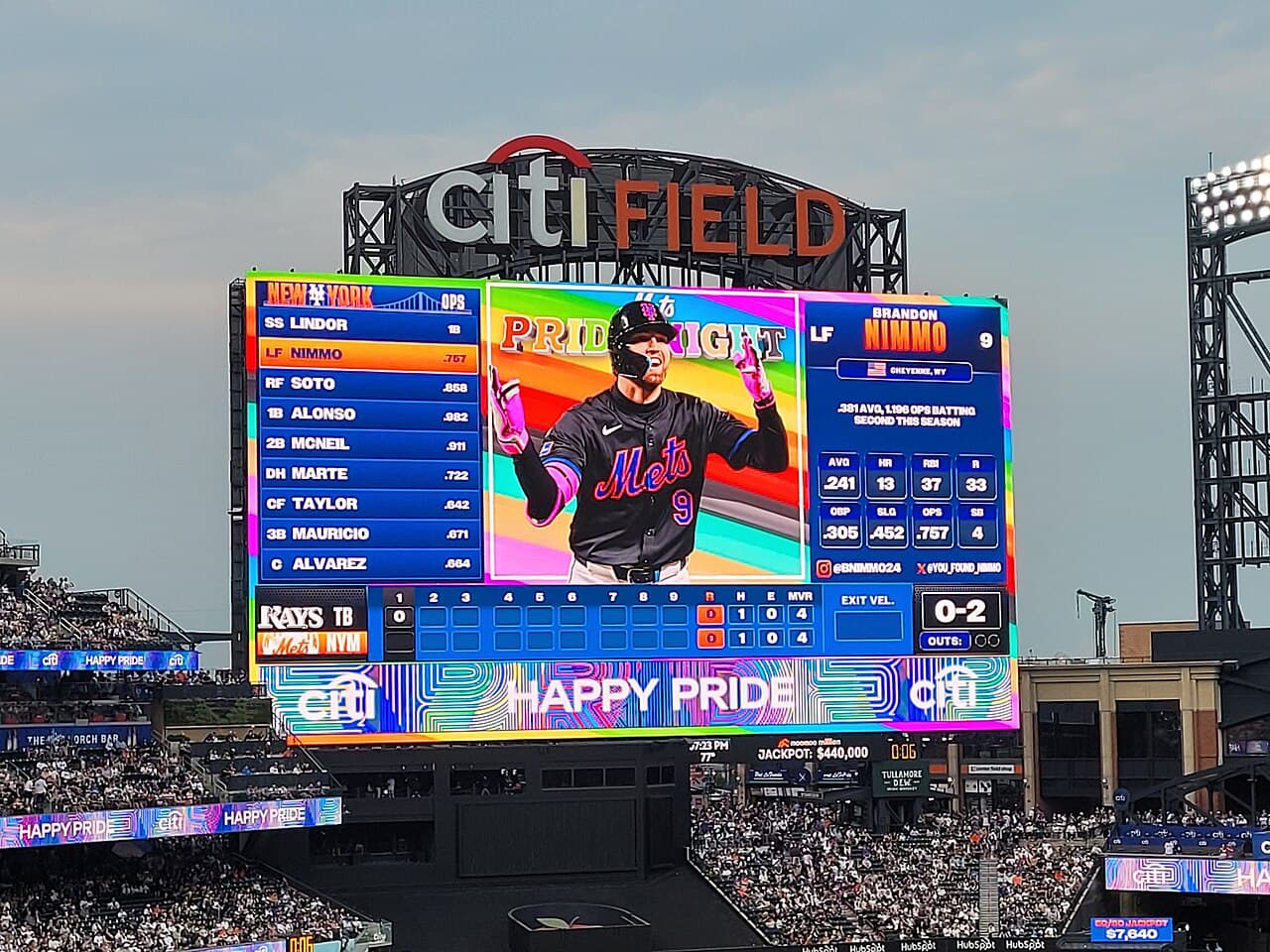 Brandon Nimmo as portrayed on the Citi Field jumbotron the 2025 Pride Night at the Mets