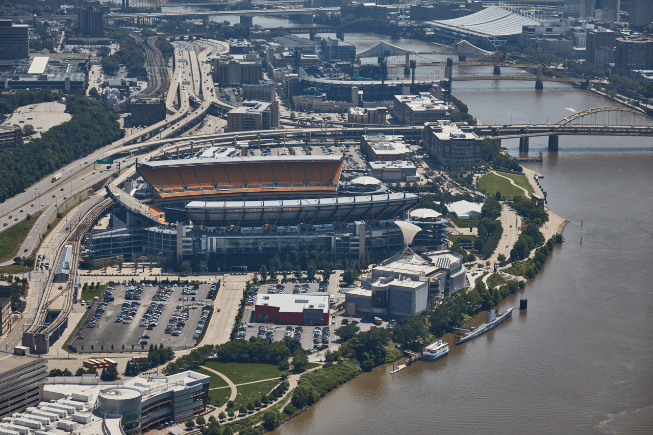Aerial view of Pittsburgh, Pennsylvania, with a focus on Heinz Field, the home statium of the Pittsburgh Steelers National Football League team (highsm.58438)