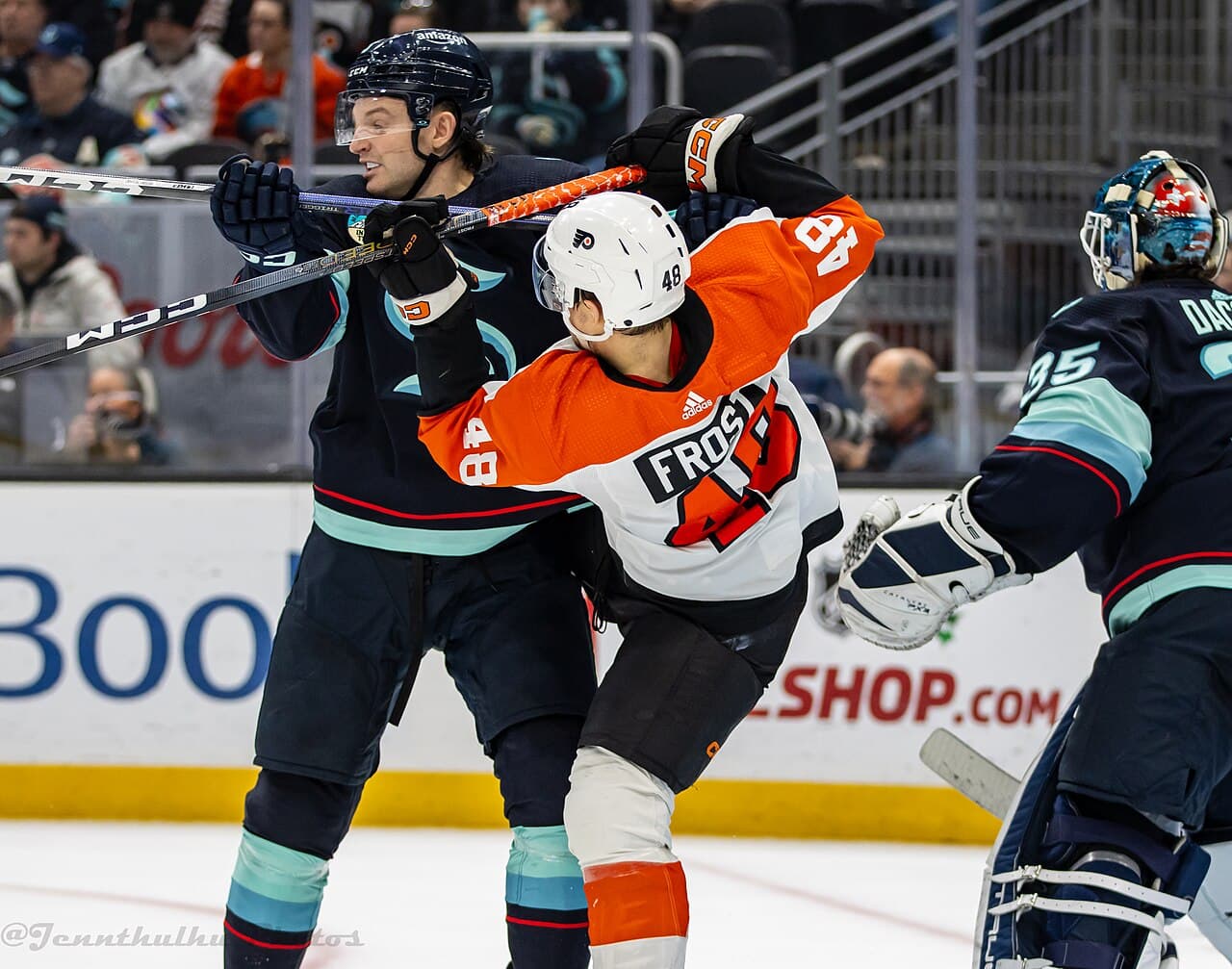 Philadelphia Flyers at Seattle Kraken - December 29, 2023 - Will Borgen and Morgan Frost