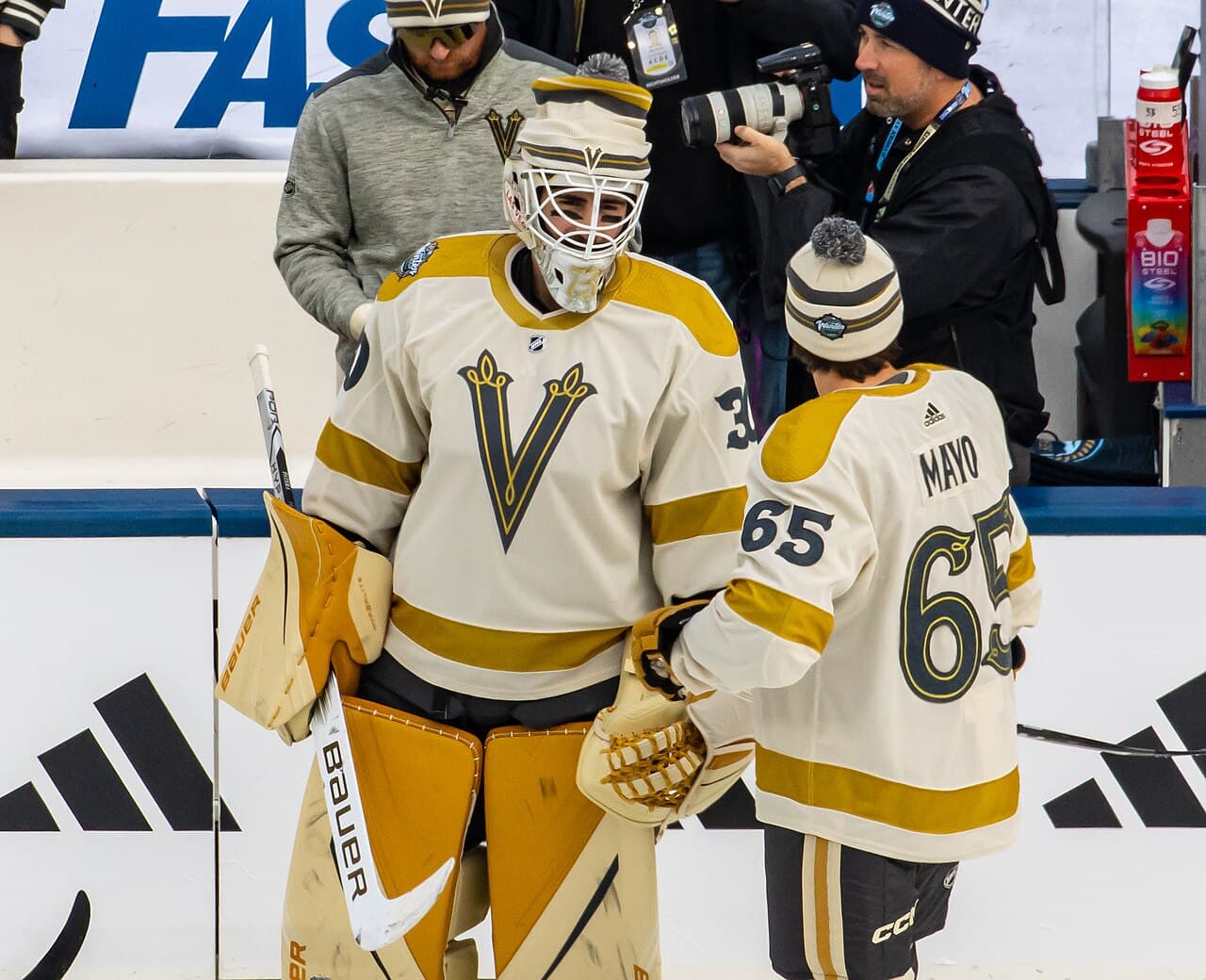 Winter Classic - Vegas Golden Knights at Seattle Kraken - January 1, 2024 - Jiří Patera and Dysin Mayo warmups