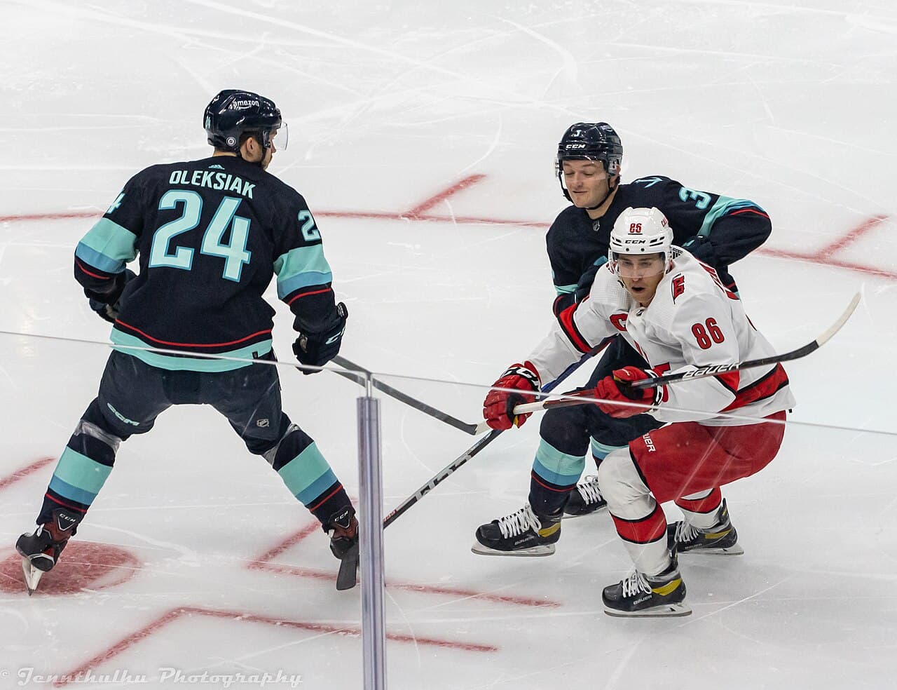 Carolina Hurricanes at Seattle Kraken - October 17, 2022 - Will Borgen, Jamie Oleksiak and Teuvo Teräväinen