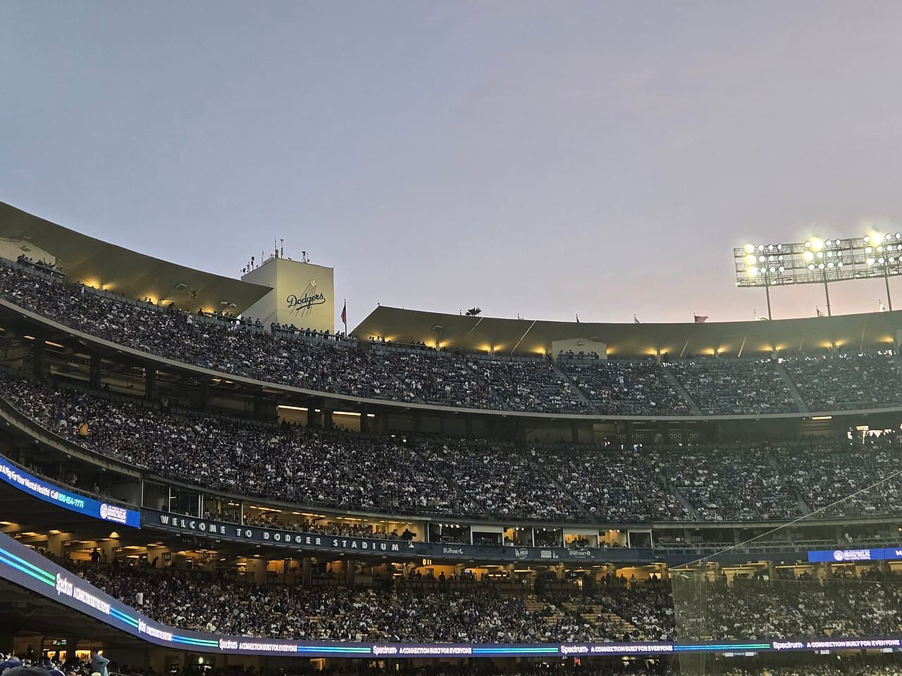 Dodger Stadium grandstand with lights, Chicago Cubs at Los Angeles Dodgers, (April 12, 2025)